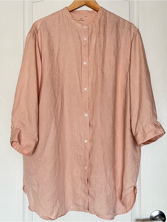 Muji Tops - MUJI 100% Hemp Band Collar Tunic Peach Pink 7-Sleeve Shirt XL Coastal Grandma